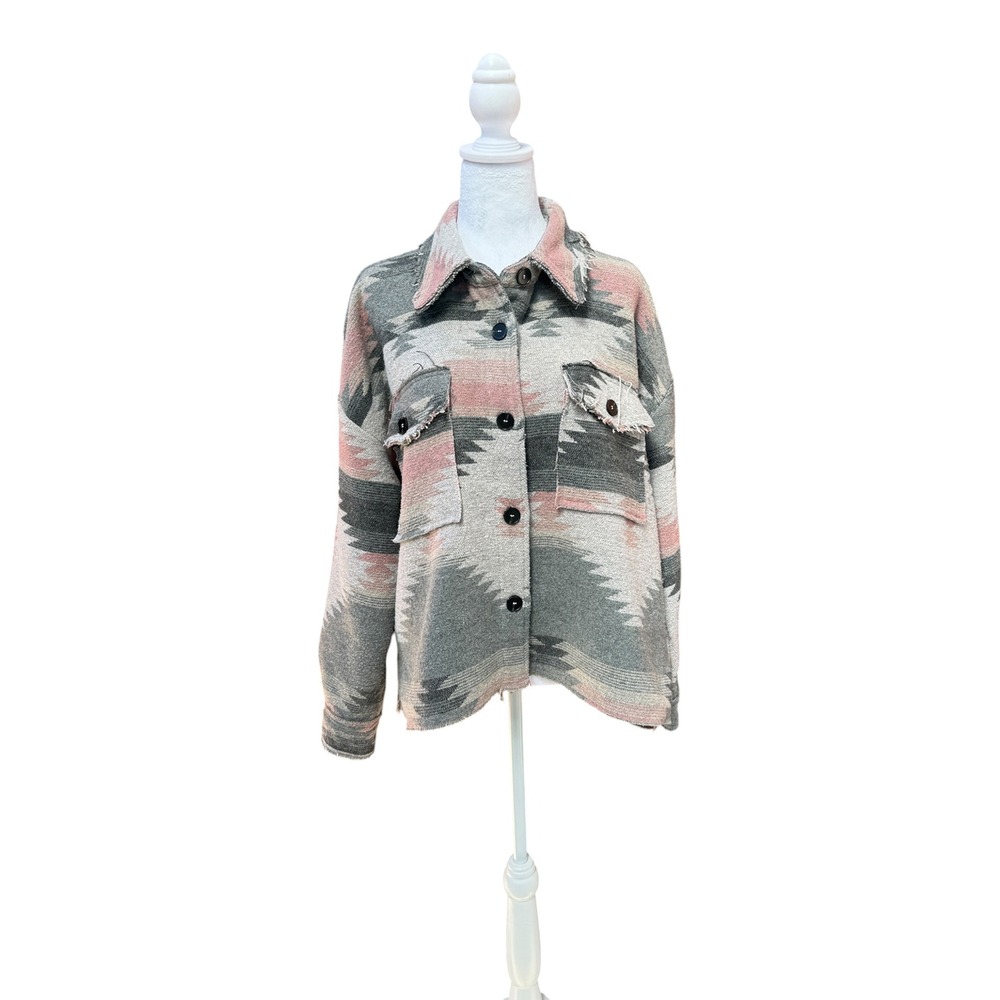 La Miel Jacket Shacket Women Large Pink Gray Aztec Southwestern Raw Hem Western